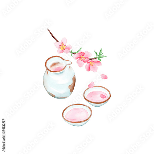 Watercolor Illustration of Chinese Traditional Drink - Peach Blossom Wine. A large pot of wine and two small bowls, with a peach blossom branch above it.
