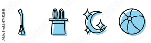 Set line Moon and stars, Witches broom, Magician hat and rabbit ears and Beach ball icon. Vector.
