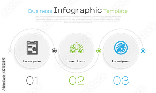 Set line Clipboard with blood test results, Virus cells in lung and Stop virus. Business infographic template. Vector.