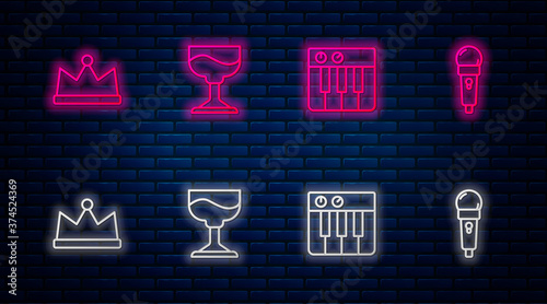 Set line Cocktail, Music synthesizer, Crown and Microphone. Glowing neon icon on brick wall. Vector.