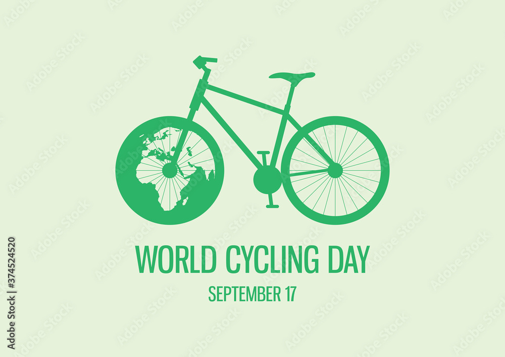 Fototapeta premium World Cycling Day poster vector illustration. Green bicycle icon. Bike silhouette on a green background. Bicycle with planet earth vector. Template for background, banner, card. September 17