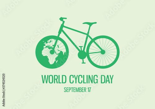 World Cycling Day poster vector illustration. Green bicycle icon. Bike silhouette on a green background. Bicycle with planet earth vector. Template for background, banner, card. September 17