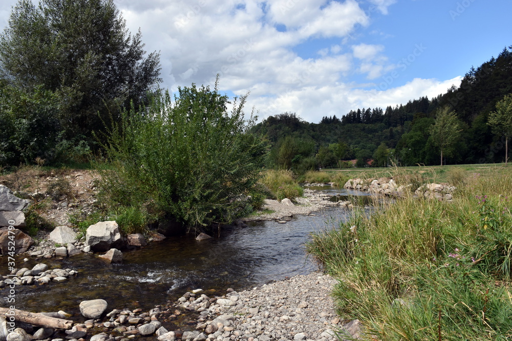 Sommer, Wolken und Niedrigwasser an der Dreisam in Freiburg Sommer, Wolken und Niedrigwasser an der Dreisam in Freiburg