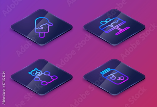 Set Isometric line Ice cream, Jelly bear candy, Cake on plate and Strawberry jam jar. Blue square button. Vector.