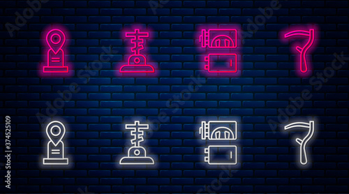 Set line Grave with cross, Crematorium, Location grave and Scythe. Glowing neon icon on brick wall. Vector.