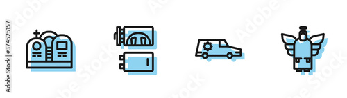 Set line Hearse car, Grave with tombstone, Crematorium and Christmas angel icon. Vector.