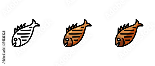 This is a set of icons with different style of grilled fish. Contour and colored grilled fish symbols. Freehand drawing. Stylish solution for a website.