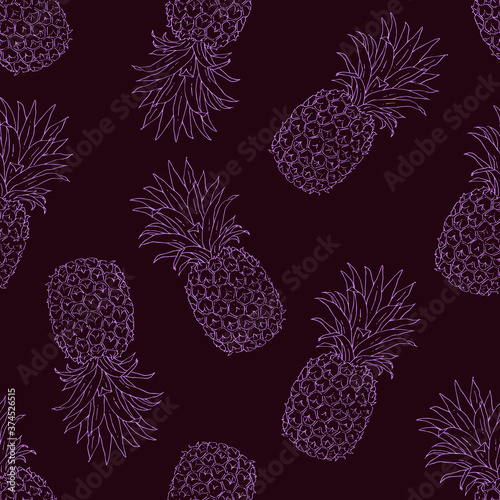 Contour pineapples fruit are isolated on a burgundy background. Vector illustration. Seamless pattern for design