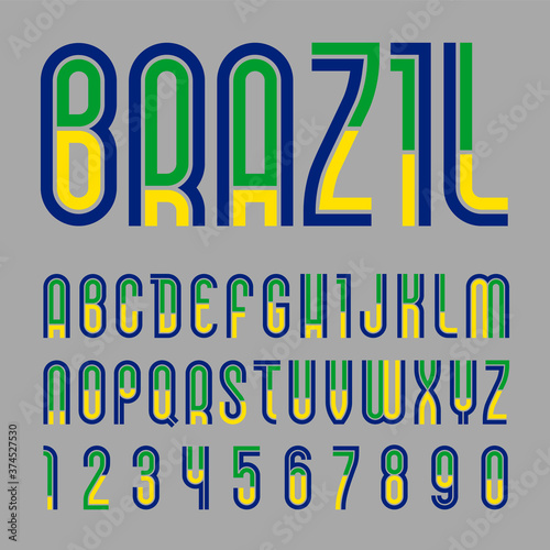 Font Brazil. Trendy bright alphabet, colorful letters on a black background.