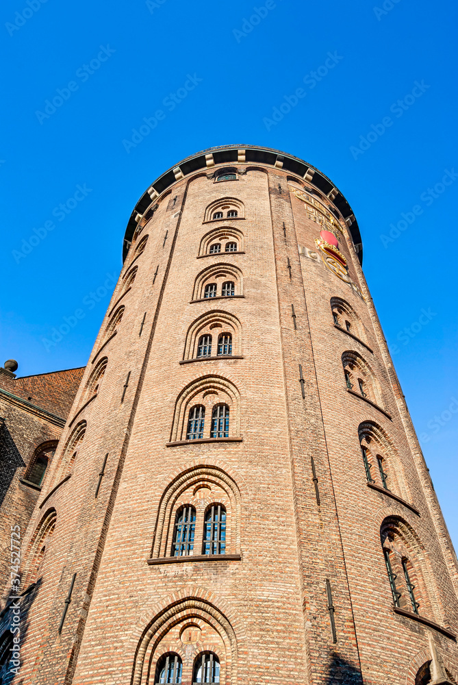 Exterior of the Rundetaarn, or Round Tower,  a 17th-century tower built as an astronomical observatory in central Copenhagen, Denmark.