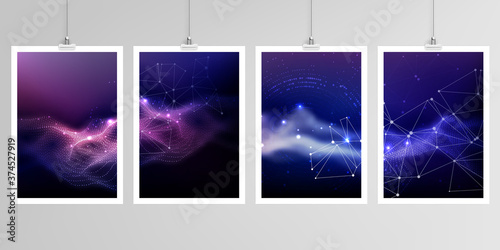 Realistic vector layouts of A4 format mockup design templates for brochure, flyer, cover design, book, magazine, brochure, poster. Digital data visualization, polygonal science dark background.