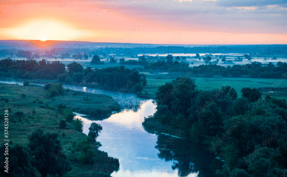 Beautiful nature landscape from hill, dramatic sunset.