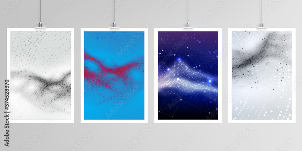 Realistic vector layouts of A4 mockup templates for brochure, flyer, cover design, book, brochure, poster. Colorful wavy particle surface background for technology or science cyber space concept.