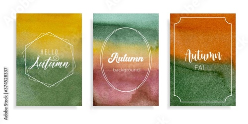 Autumn abstract watercolor background with gradient transitions color. Lettering autumn. Design template for banner, card with text or logo in frame. Painting technique grunge. Vector illustration.