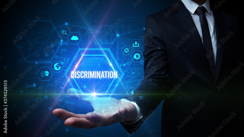 Man hand holding DISCRIMINATION inscription, social media concept Man hand holding DISCRIMINATION inscription, social media concept