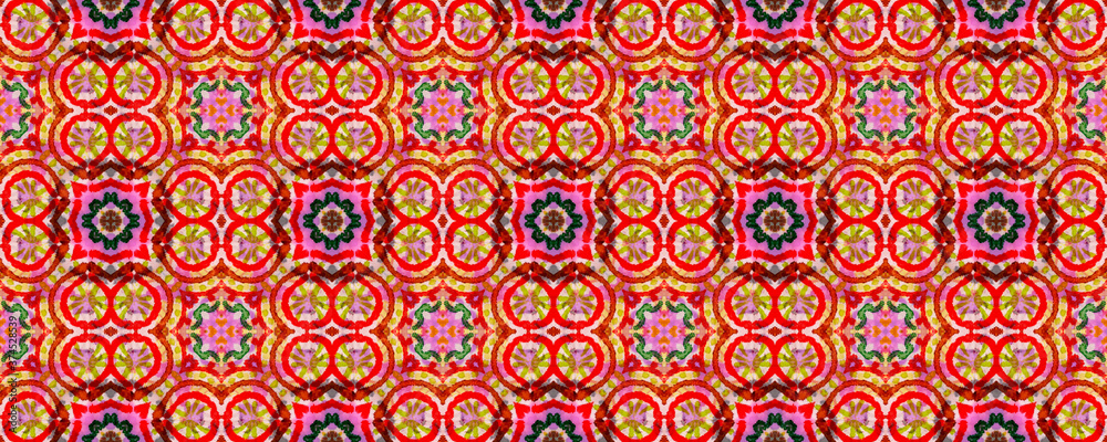 Boho Watercolor Pattern. Seamless Tie Dye Illustration. Ikat Mexican Print. Red, Green, Blue and Brown Seamless Texture. Abstract Batik Print. Hand Drawn Boho Watercolor Pattern.