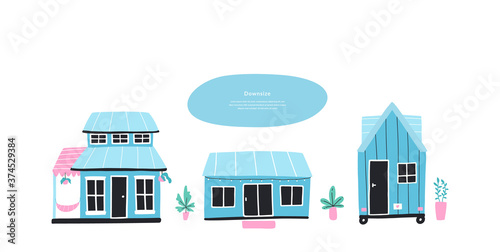 Vector panorama with tiny houses. Concept of downsizing, choosing real estate, compact living. Banner template with copy space. 