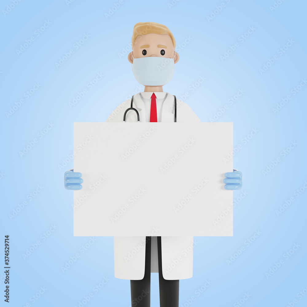 Medical specialist holding a blank poster. 3D illustration in cartoon style. Medical specialist holding a blank poster. 3D illustration in cartoon style.