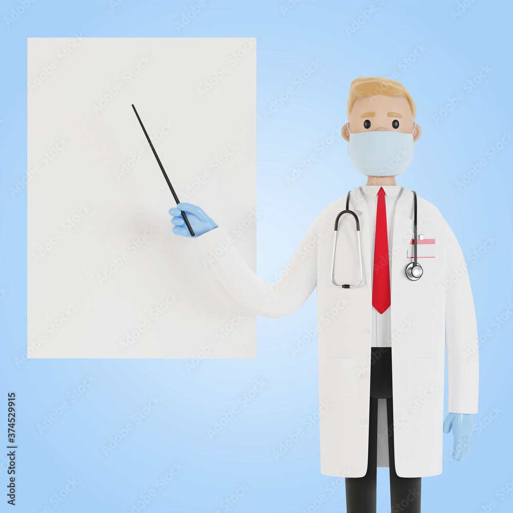 A male doctor stands and points to a presentation board. Vision test. 3D illustration in cartoon style. A male doctor stands and points to a presentation board. Vision test. 3D illustration in cartoon style.