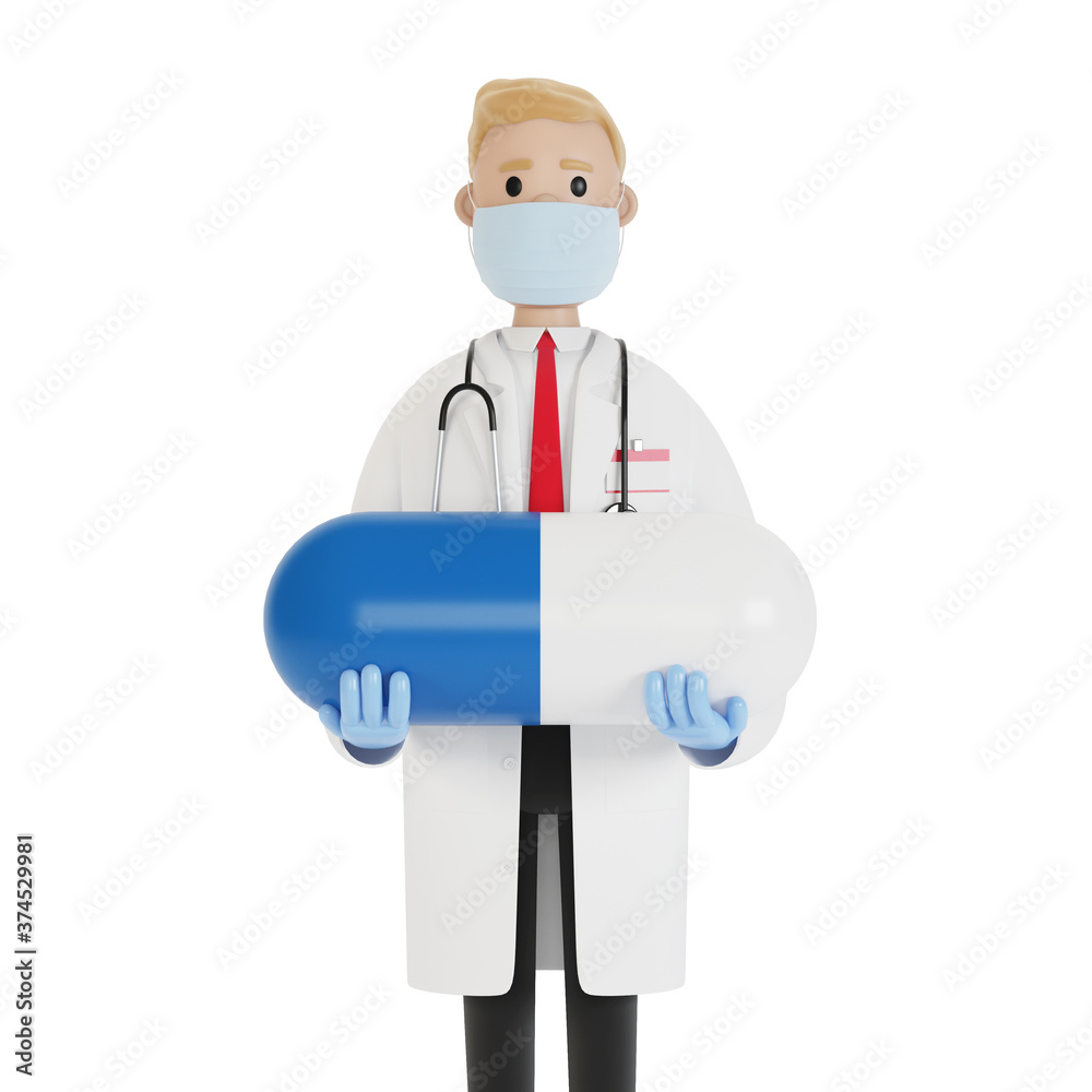 Male doctor with a big blue pill in his hands. 3D illustration in cartoon style.