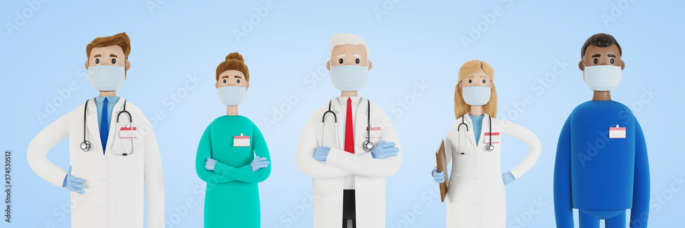 Doctors. A group of medical workers. Chief physician and medical specialists. 3D illustration in cartoon style. Doctors. A group of medical workers. Chief physician and medical specialists. 3D illustration in cartoon style.