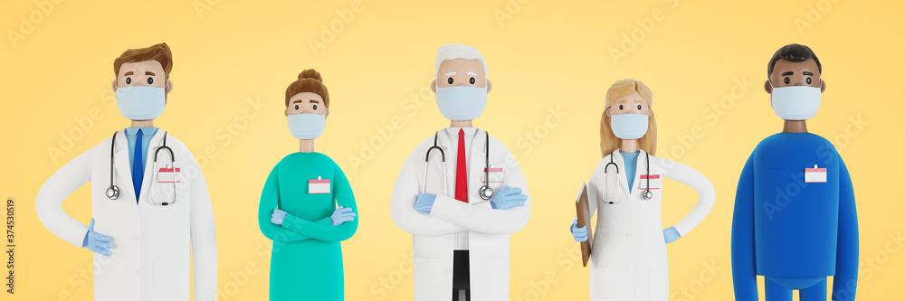 Doctors. A group of medical workers. Chief physician and medical specialists. 3D illustration in cartoon style. Doctors. A group of medical workers. Chief physician and medical specialists. 3D illustration in cartoon style.