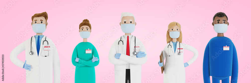 Doctors. A group of medical workers. Chief physician and medical specialists. 3D illustration in cartoon style. Doctors. A group of medical workers. Chief physician and medical specialists. 3D illustration in cartoon style.