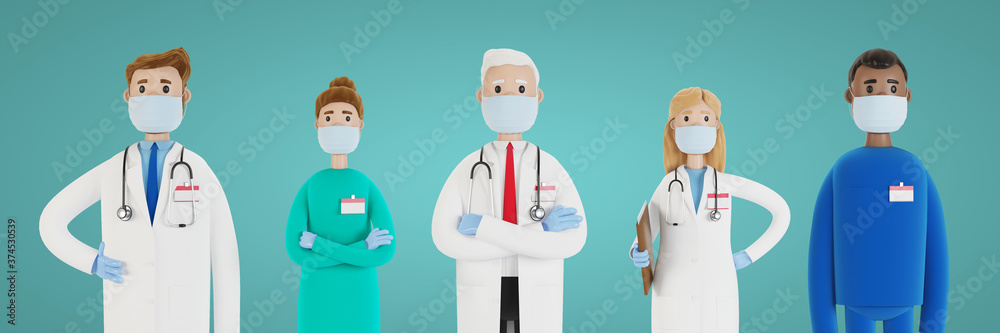 Doctors. A group of medical workers. Chief physician and medical specialists. 3D illustration in cartoon style. Doctors. A group of medical workers. Chief physician and medical specialists. 3D illustration in cartoon style.