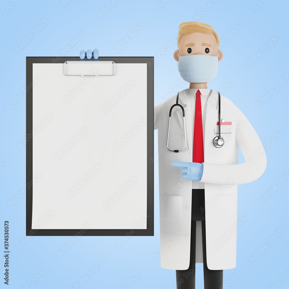 Health care health insurance concept. The doctor keeps the contract. 3D illustration in cartoon style. Health care health insurance concept. The doctor keeps the contract. 3D illustration in cartoon style.