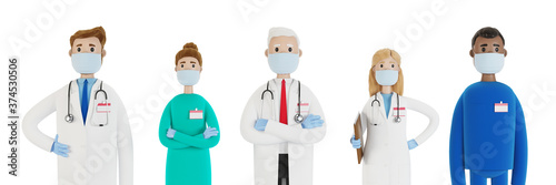 Doctors. A group of medical workers. Chief physician and medical specialists. 3D illustration in cartoon style.