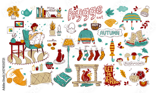 A set of colorful elements on the theme of hygge, autumn and a cozy home. Vector collection of hand-drawn design elements isolated on a white background. For your design.