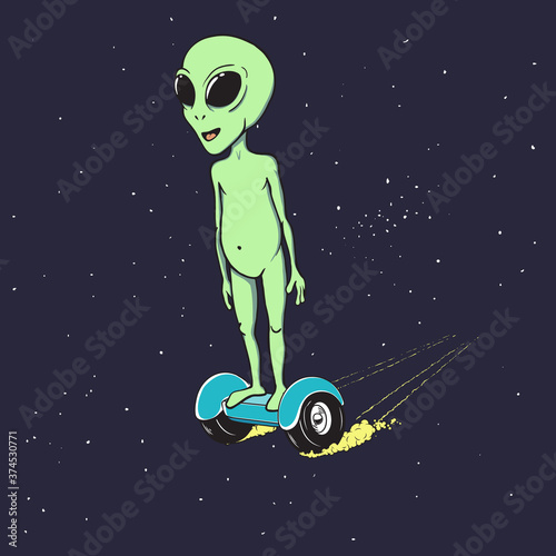 Alien flies on gyro scooter