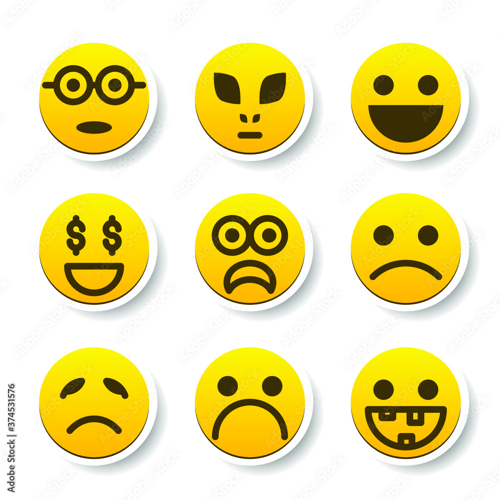 Fototapeta premium Set Of Yellow Sticker Collection Color Smile Different Emotions Emoticons Face Vector Design Cartoon Style With Shadows