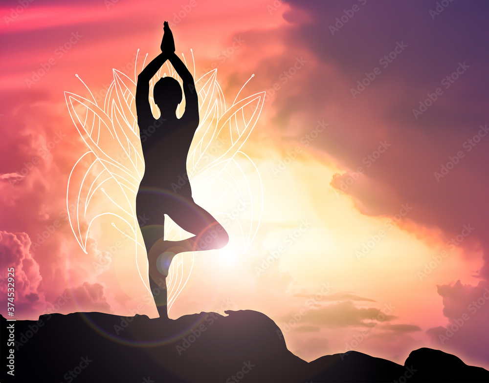 silhouette of a woman practicing yoga on the beach sunset