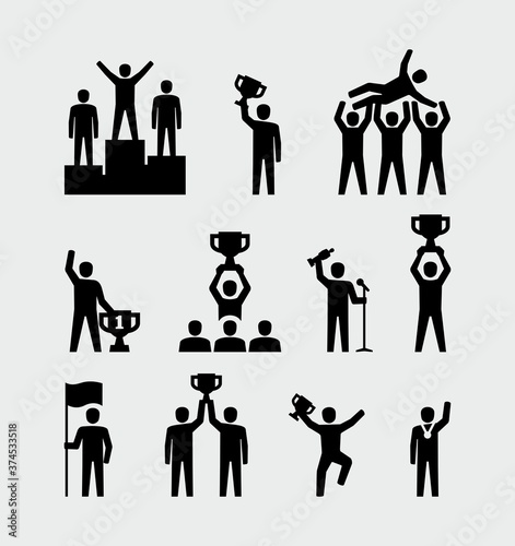 Winners standing on podium. Person celebrate holding award trophy. People throwing winner vector icons 