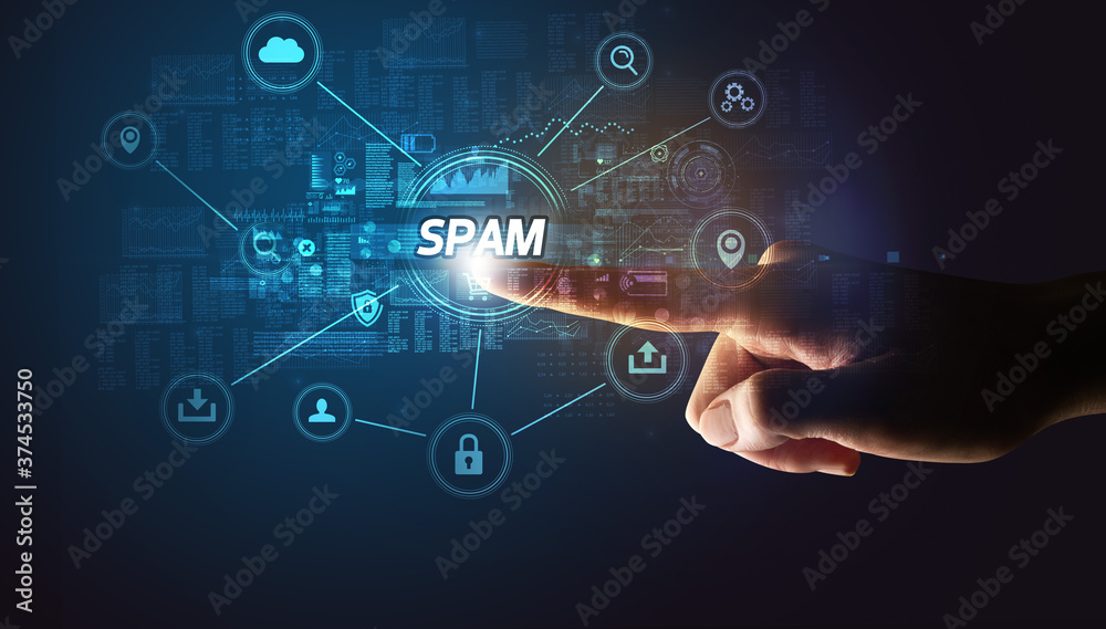Hand touching SPAM inscription, Cybersecurity concept Hand touching SPAM inscription, Cybersecurity concept