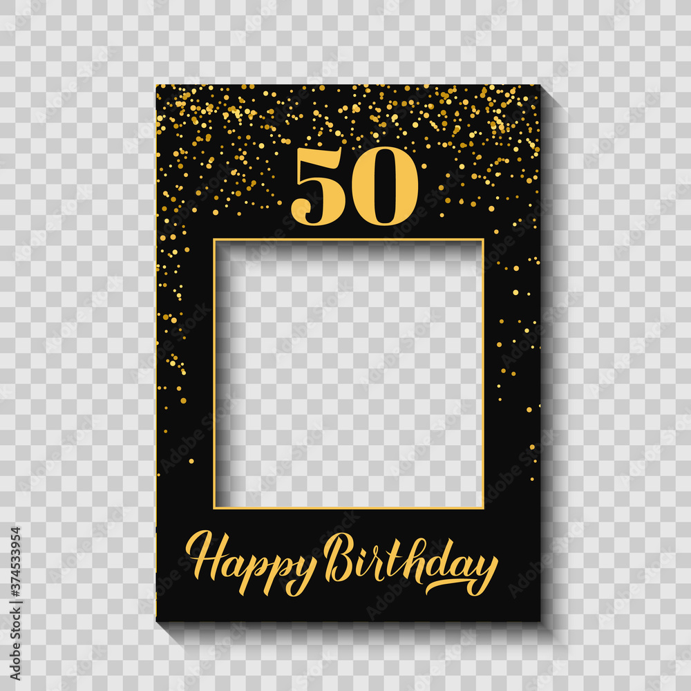Happy 50th Birthday photo booth frame on a transparent ackground. Birthday party photobooth props. Black and gold confetti party decorations. Vector template
