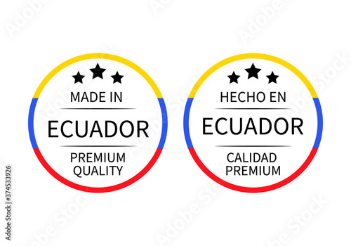 Made in Ecuador round labels (in English and in Spanish languages). Quality mark vector icon. Perfect for logo design, tags, badges, stickers, emblem, product packaging, etc.