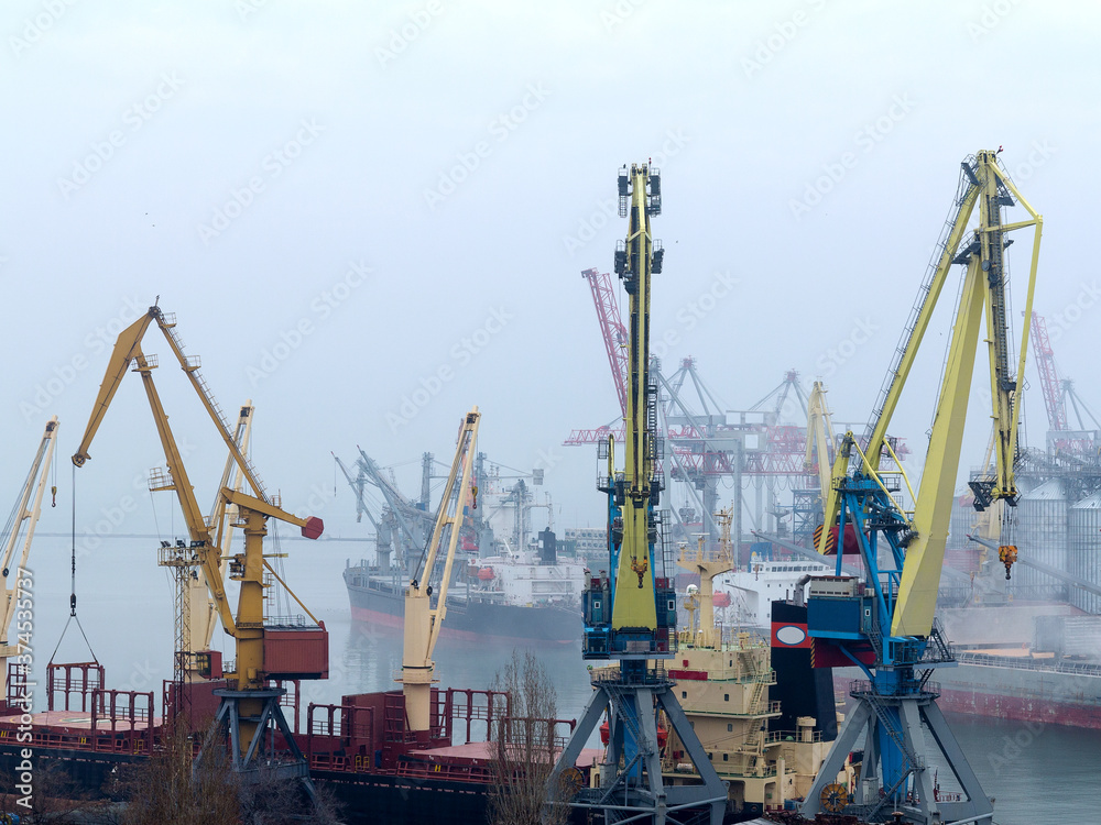 Industrial container freight Trade Port scene in foggy cloudy day