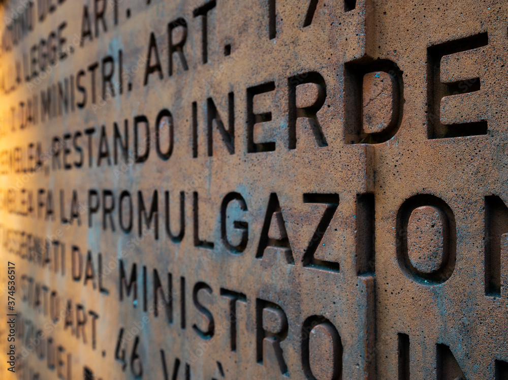 Wall of the Constitution of the Roman Republic of 1849, on the Belvedere of the Passeggiata al Gianicolo, near Villa Lante, inaugurated by the President of the Republic Giorgio Napolitano. Rome Italy. Wall of the Constitution of the Roman Republic of 1849, on the Belvedere of the Passeggiata al Gianicolo, near Villa Lante, inaugurated by the President of the Republic Giorgio Napolitano. Rome Italy.