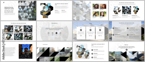 Vector templates for website design, presentations, portfolio. Templates with triangles, triangular pattern for presentation slides, flyer, leaflet, brochure cover. Backgrounds with place for photo.