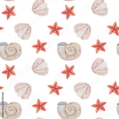 Seamless pattern with seashells and starfish. Marine background. Perfect for greetings, wallpaper, invitations, wrapping paper, textile, wedding and web design. Endless texture for your design etc.