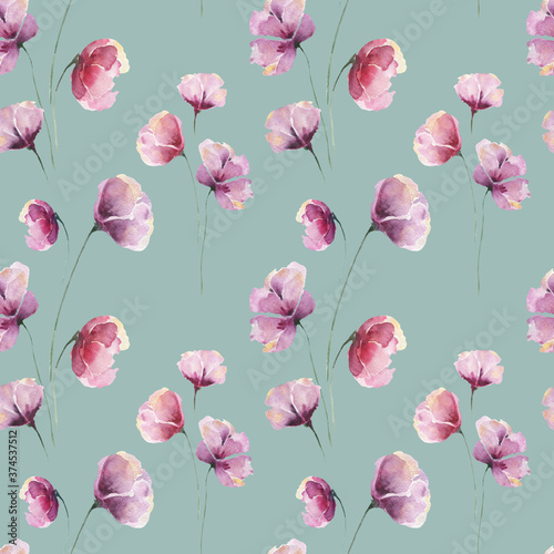 Seamless watercolor pattern with lilac abstract flowers and petals on a green background. Pastel color. Floral pattern for the fabrics  pajamas  clothes  wedding decorations  greeting cards.