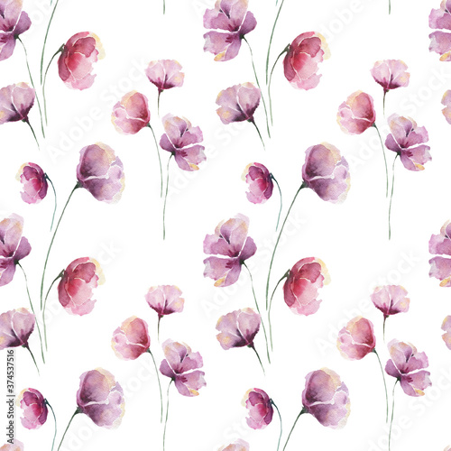 Seamless watercolor pattern with lilac abstract flowers and petals on a white background. Pastel color. Floral pattern for the fabrics, pajamas, clothes, wedding decorations, greeting cards.