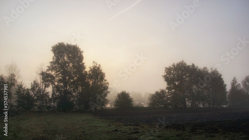 September dawn over fields and heating, autumn foggy morning