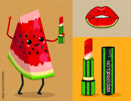 Watermelon lipstick in vector illustration with lips pomade