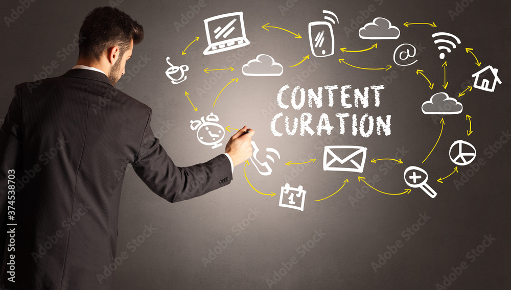 businessman drawing social media icons with CONTENT CURATION inscription, new media concept businessman drawing social media icons with CONTENT CURATION inscription, new media concept