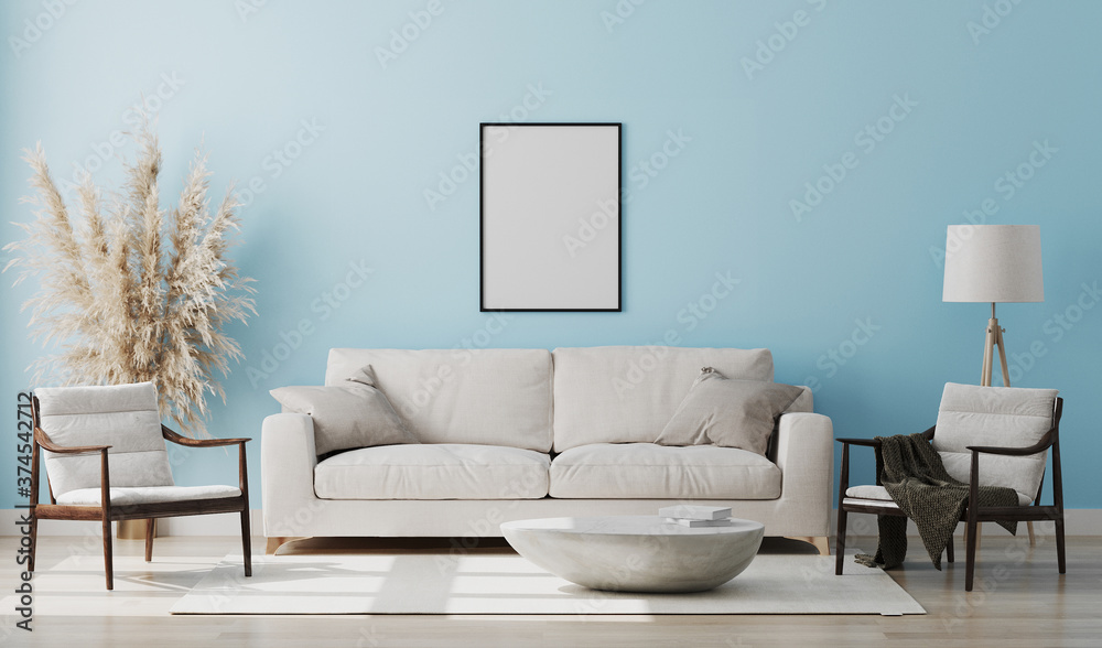 Fototapeta premium Blank poster frame mock up in light blue room interior , 3d rendering