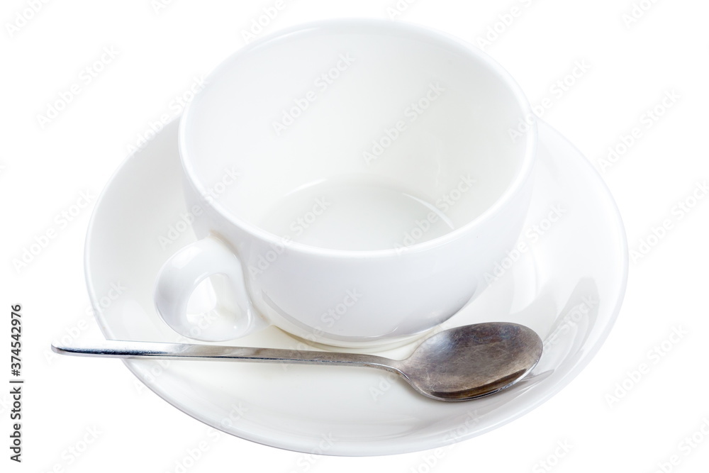 empty coffee cup with saucer and spoon. isolated on white. empty coffee cup with saucer and spoon. isolated on white.
