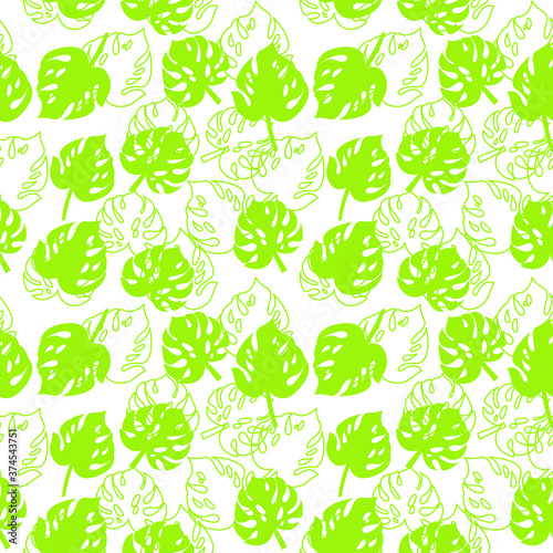 Seamless pattern, monstera leaves on a white background. Vector illustration, idea for packaging design, textiles. Flat cartoon color design, eps 10.